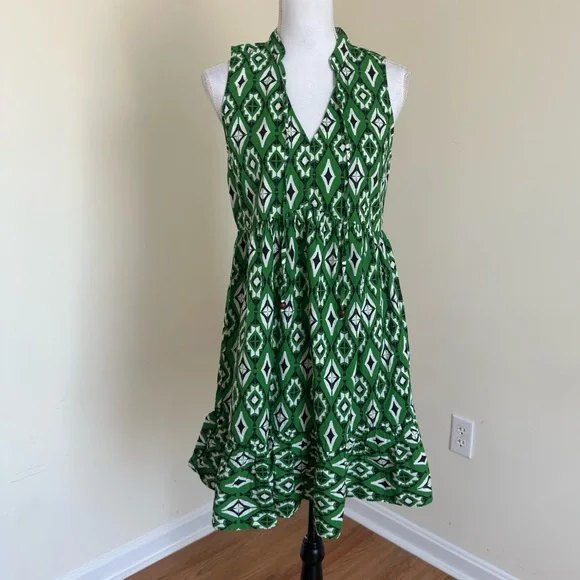 Japna Japna Green Diamond Print Ruffle Hem Boho Preppy Mini Dress Sleeveless New M | Sz: M | Color: Green Black